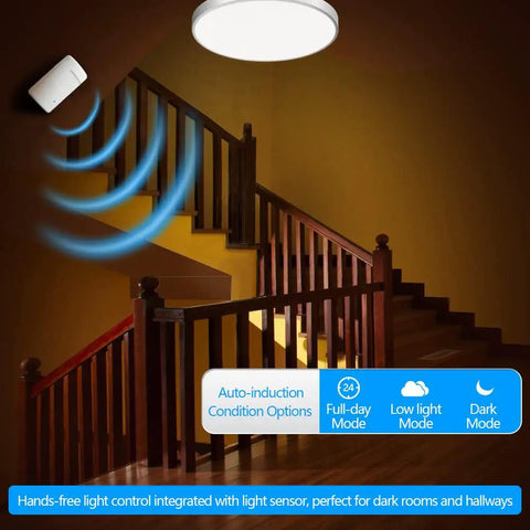 Smart Motion Activated Switch And Wireless Wall Plug Set With Occupancy Sensor in stairway, showcasing light sensing control.