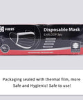 Disposable Face Masks 3 Ply With Melt Blown Filter 50 Pack, black packaging with earloop and protection icons displayed