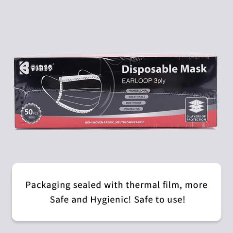 Disposable Face Masks 3 Ply With Melt Blown Filter 50 Pack, black packaging with earloop and protection icons displayed