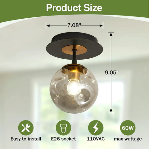 Sleek 1 Light Mini Glass Globe Ceiling Light In Black Finish Semi Flush Mount with product dimensions and features showcase.