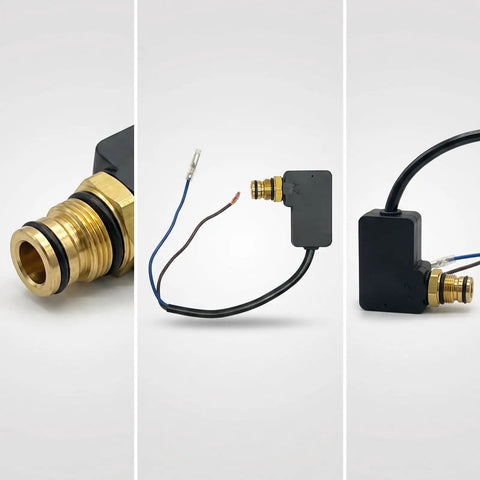 Premium Pressure Washer Switch Assembly Replacement With Pre-Stripped Wires And Durable Brass Threaded Connector In Compact Rectangular Housing, showcasing pre-stripped wiring and brass connector.