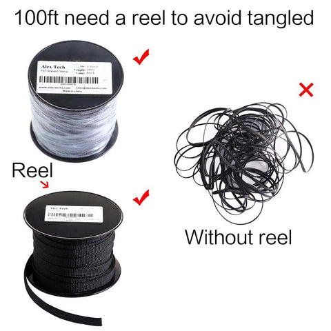 100 Ft 1 Inch PET Expandable Braided Cable Sleeving Black shown on reel vs tangled without reel