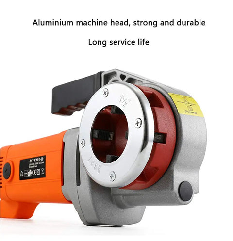 Consfly Portable Electric Pipe Threader Machine With Six Dies 2300W Copper Core Motor Tool showing durable aluminum head for pipe threading.