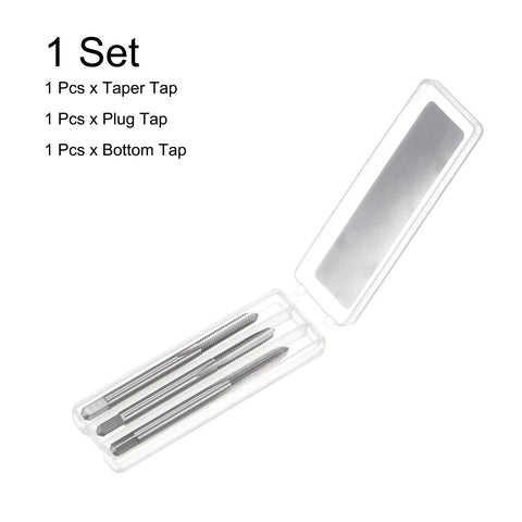 Badass 3 Piece M4 Metric Hand Tap Set For Dead Straight Threading And Smooth Metal Work Right Hand High Speed Steel Taper Plug Bottom Threads in transparent case.