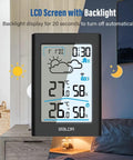 Wireless Indoor Outdoor Thermometer Weather Station With Clock, Battery Powered on nightstand, LCD display showing temperature and humidity.