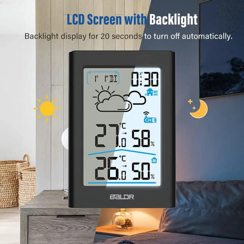 Wireless Indoor Outdoor Thermometer Weather Station With Clock, Battery Powered on nightstand, LCD display showing temperature and humidity.