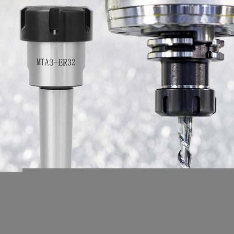 MT3 Taper Collet Chuck Holder For CNC Milling Lathe, Carbon Steel Build, MTA3 ER32 Compatible, close-up with milling tool
