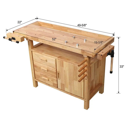 Beefy 50 Inch Rubber Wood Workbench With 450 Lb Capacity, 3 Drawers, 1 Cabinet And Open Shelf, Heavy Duty Woodworking Bench