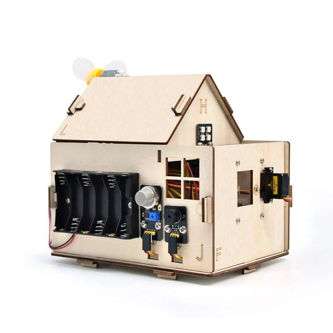 ESP32 Smart Home Starter Kit For Arduino And Python Learn Electronics With DIY Home Automation Coding Kit Featuring 13 Projects Wooden House Sensor Kit showing assembled wooden house model with electronic components.
