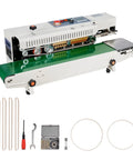 Heavy Duty Continuous Horizontal Bag Sealer Machine With Digital Temp Control And Air Blow Function For Quick Plastic Packaging Grinds showing green conveyor belt and tools.