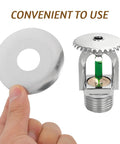 Pro Grade Ten Piece Fire Sprinkler Escutcheon Covers Dual Disc Stainless Steel Wall Mount Shields Quick No Hassle Install showing stainless steel shield and sprinkler head.