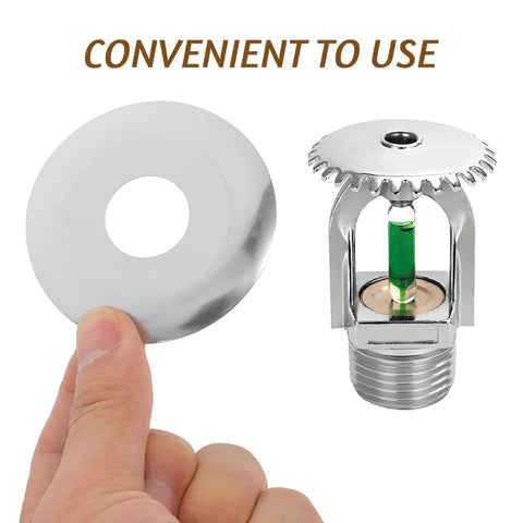 Pro Grade Ten Piece Fire Sprinkler Escutcheon Covers Dual Disc Stainless Steel Wall Mount Shields Quick No Hassle Install showing stainless steel shield and sprinkler head.