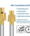 HSS counterbore end mills, two pieces, with gold-coated cutting heads and silver shanks