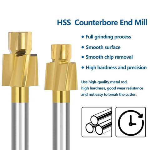 HSS counterbore end mills, two pieces, with gold-coated cutting heads and silver shanks