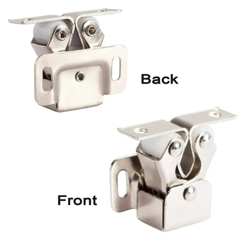 Front and back view of Antique Copper Cabinet Door Roller Catches With Double Latches, Striker And Mounting Screws for furniture