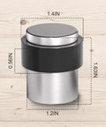 Heavy Duty Stainless Steel 304 Floor Door Stops Featuring Satin Nickel Cylindrical Body With Thick Black Rubber Bumper To Shield Walls and Keep Doors Smooth Heavy Spring Loaded Stoppers No Fuss Setup Two Pack, dimensions highlighted.