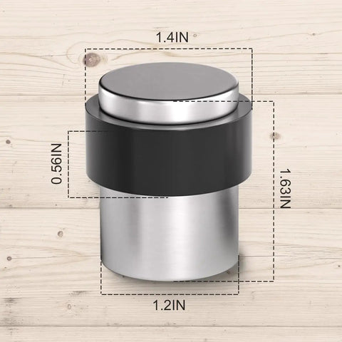 Heavy Duty Stainless Steel 304 Floor Door Stops Featuring Satin Nickel Cylindrical Body With Thick Black Rubber Bumper To Shield Walls and Keep Doors Smooth Heavy Spring Loaded Stoppers No Fuss Setup Two Pack, dimensions highlighted.