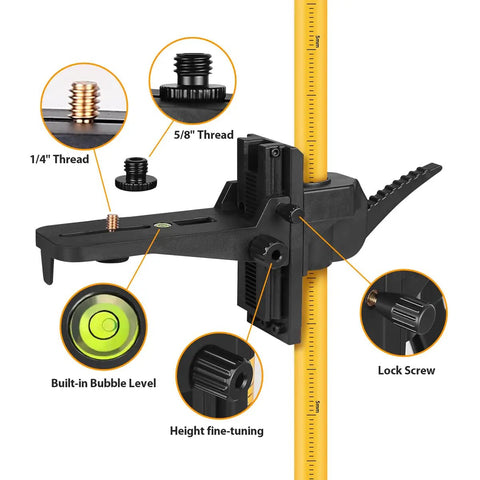 Telescoping Laser Level Pole With Adjustable Tripod Mount Up To Three Point Seven Meters Or Twelve Point One Four Feet For Rotating Laser Levels Includes Quarter Inch By Twenty Inch Laser Pole Mount And Five Eighths By Eleven Adapter Nut showing threads and bubble level.