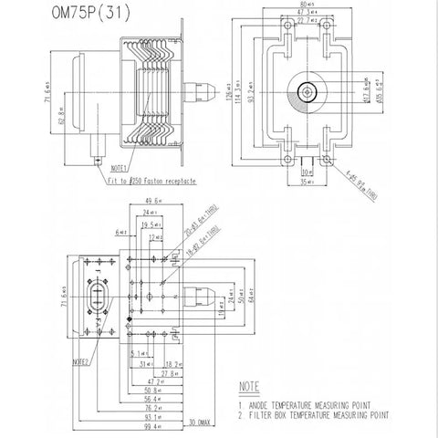 1Pc Industrial Microwave Equipment Magnetron Om75P Air Cooled For Samsung Mag Drying Apparatus technical drawing with dimensions.