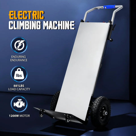 Heavy Duty Electric Stair Climbing Dolly Handles 900 Lbs With 1200W Motor And Three Speed Settings For Easy Moving Of Appliances Furniture Or Commercial Gear Without Breaking A Sweat, showcased against a blue background.
