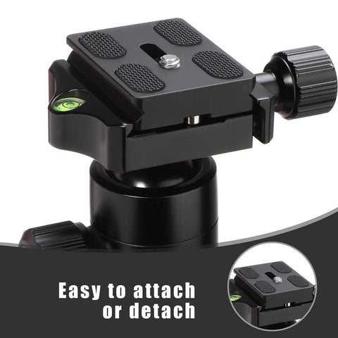 Close-up of black aluminum quick release plate with 1/4-20 screw, compatible with DSLR tripod mounts and ARCA heads.