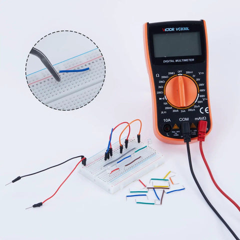 DIY Friendly All In One Breadboard Prototyping Kit with six boards, digital multimeter, and jumper wires for circuits