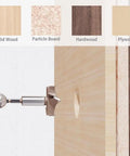 Elite Five Piece Forstner Drill Bit Set Featuring Gutsy Tungsten Carbide Tips drilling into solid wood with a hex shank drill.
