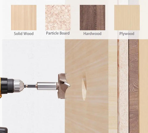 Elite Five Piece Forstner Drill Bit Set Featuring Gutsy Tungsten Carbide Tips drilling into solid wood with a hex shank drill.