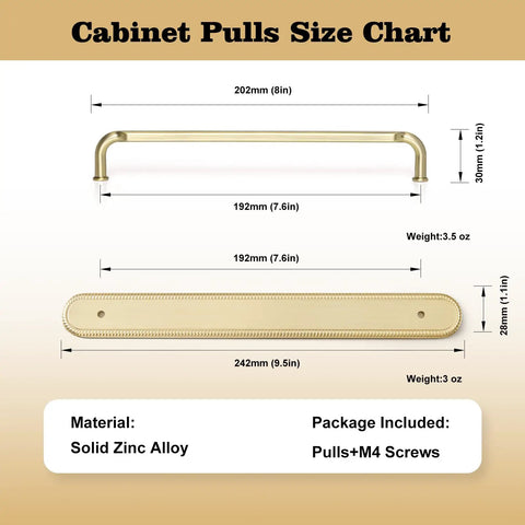 Size chart of 2 Pack Champagne Bronze Cabinet Pulls With Backplates, 7 1/2 Inch Center-to-Center Drawer Handles, zinc alloy material