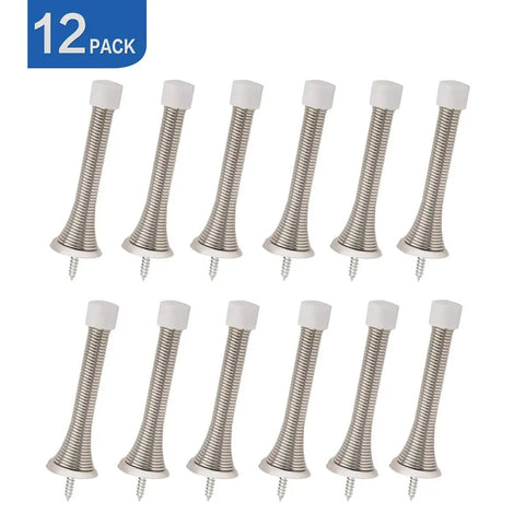 Dang Sturdy 12 Pack Spring Door Stops With Rubber Bumpers, heavy duty satin nickel wall protectors, set of 12.