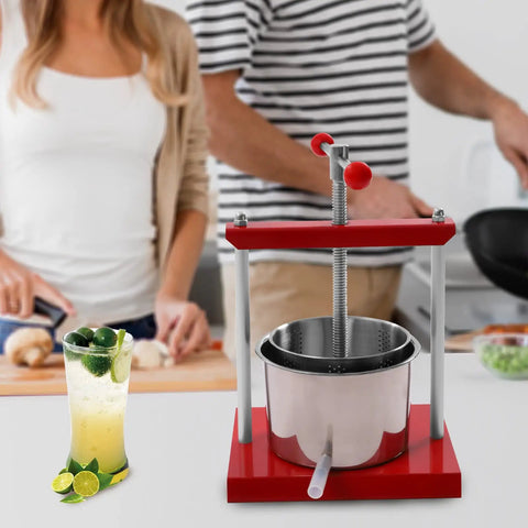 1.6 Gallon No Sweat Manual Press For Fruit Wine And Cheese Real Deal Food Grade Stainless Steel Body with red handle and base.