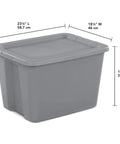 Built Tough Eighteen Gallon Storage Bin With Secure Snap Lid Heavy Duty Stackable Tote For Clutter Control Hella Roomy Gray Plastic Organizer Zero Fuss side view with dimensions shown.