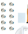 Smart Glasses Repair Kit With Ten Precision Screws And Dedicated Screwdriver, silver screws laid out with cleaning cloth.