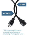 10 Foot Shielded Replacement AC Power Cord NEMA 5 15P To IEC 320C13 Cable for Electronics, 18 AWG, SVT rated