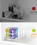 No Sweat Spin Lazy Susan Drink Packet Organizer Square Four Compartment Pantry Turntable storing drink packets and glasses.