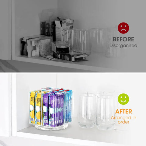 No Sweat Spin Lazy Susan Drink Packet Organizer Square Four Compartment Pantry Turntable storing drink packets and glasses.