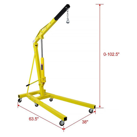 Pro Level 2 Ton Hydraulic Engine Hoist And Folding Cherry Picker Shop Crane With 4000 Lb Capacity in bright yellow with adjustable height.