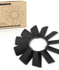 Heavy Duty Engine Radiator Cooling Fan Blade Compatible With BMW E46 E36 showing ten angled blades and a packaging box.