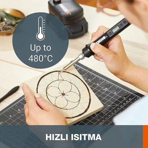Top Tier Cordless Pen Engraver And Digital Soldering Iron Kit With Sweet 20V Battery And Solid 46 Piece Wood Burner in use on wood.