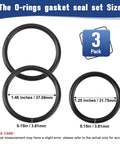Radiator hose O-ring kit, 3-pack, black rubber rings; two large rings (1.46 in) and one small ring (1.25 in), 0.15 in thick.
