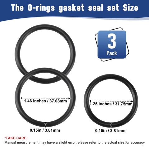 Radiator hose O-ring kit, 3-pack, black rubber rings; two large rings (1.46 in) and one small ring (1.25 in), 0.15 in thick.