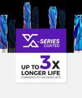 Various V-Series coated CNC router bits with text 'Up to 3x longer life compared to uncoated bits' on display.