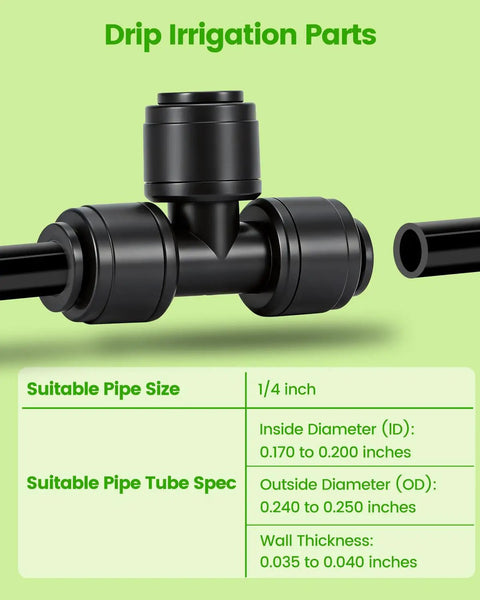 36 Pack Quick Connect One Quarter Inch Hose Tee Fittings For Drip Irrigation Systems In Garden, Farm And Greenhouse No Fuss Push In Connectors UV Resistant Material