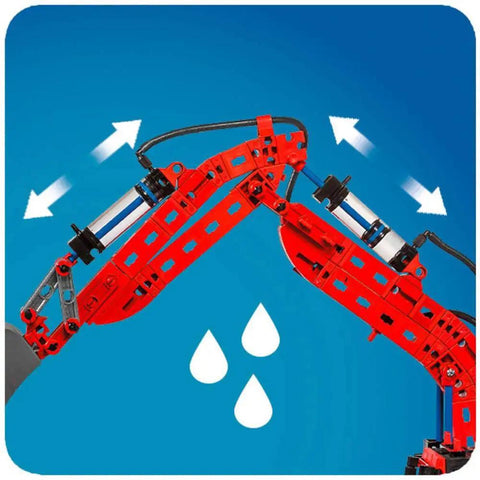 Pro Hydraulic Model Building Kit With 500 Pieces And Five Model Options For Realistic Hydraulic Learning And Hands On Build Sessions For Students And Makers. Red hydraulic excavator arms with control cylinders and water symbols
