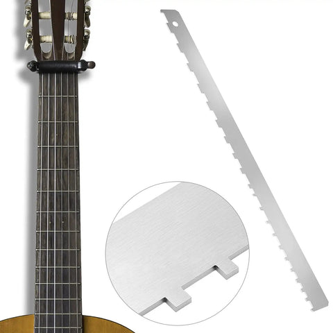 Pro Grade Guitar Luthier Tool Kit With 16 Inch Fret Leveling Beam and Neck Notched Straight Edge with guitar neck detail