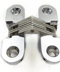 Front view of Hidden Cross Hinge For Furniture 180 Degree Concealed Stainless Steel Two Pack With Screws, durable alloy construction.