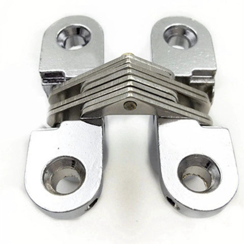 Front view of Hidden Cross Hinge For Furniture 180 Degree Concealed Stainless Steel Two Pack With Screws, durable alloy construction.