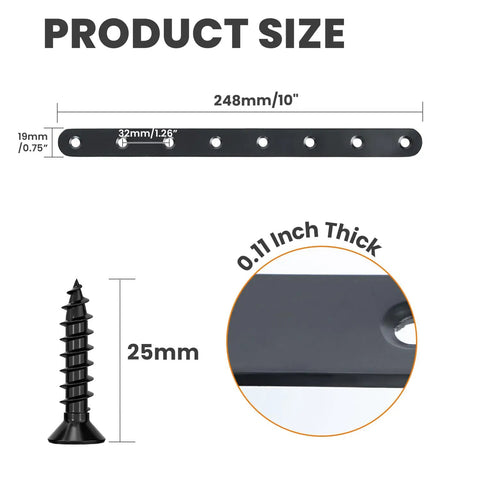 Beefy 10 Inch Stainless Steel Flat Bar Brackets Set dimensions with screw size and thickness detail, matte black finish