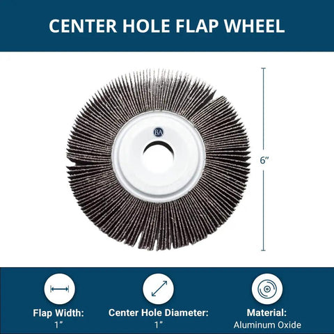 6 Inch Aluminum Oxide Flap Wheel With 1 Inch Arbor For Bench Grinders 240 Grit Sander Disc showing center hole and flap design.