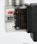 Close-up of 1 Inch BSPP Electric Solenoid Valve, Normally Closed 110V AC, showing plastic body and servo-assisted mechanism